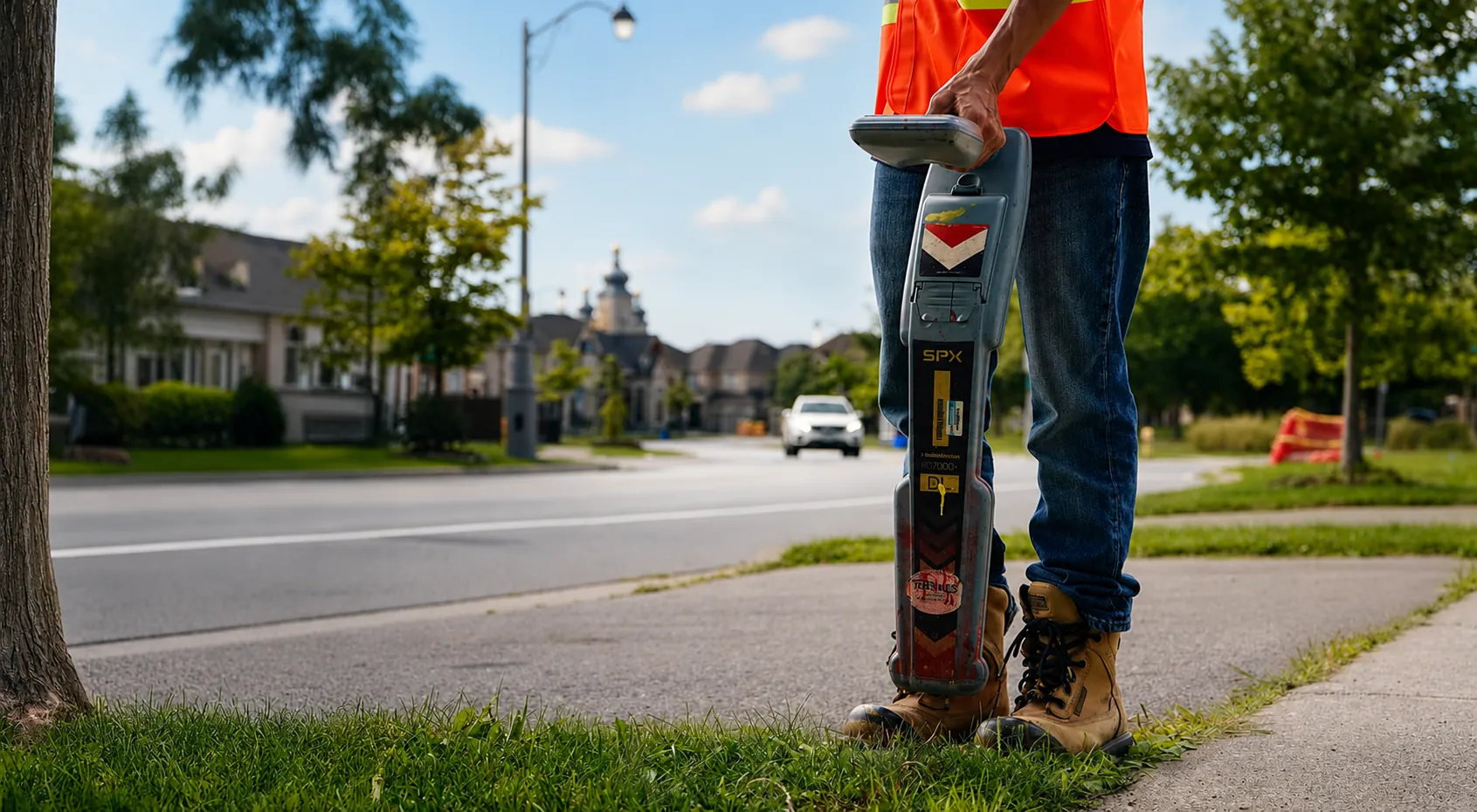 CLI technician marking utilities on a suburban sidewalk